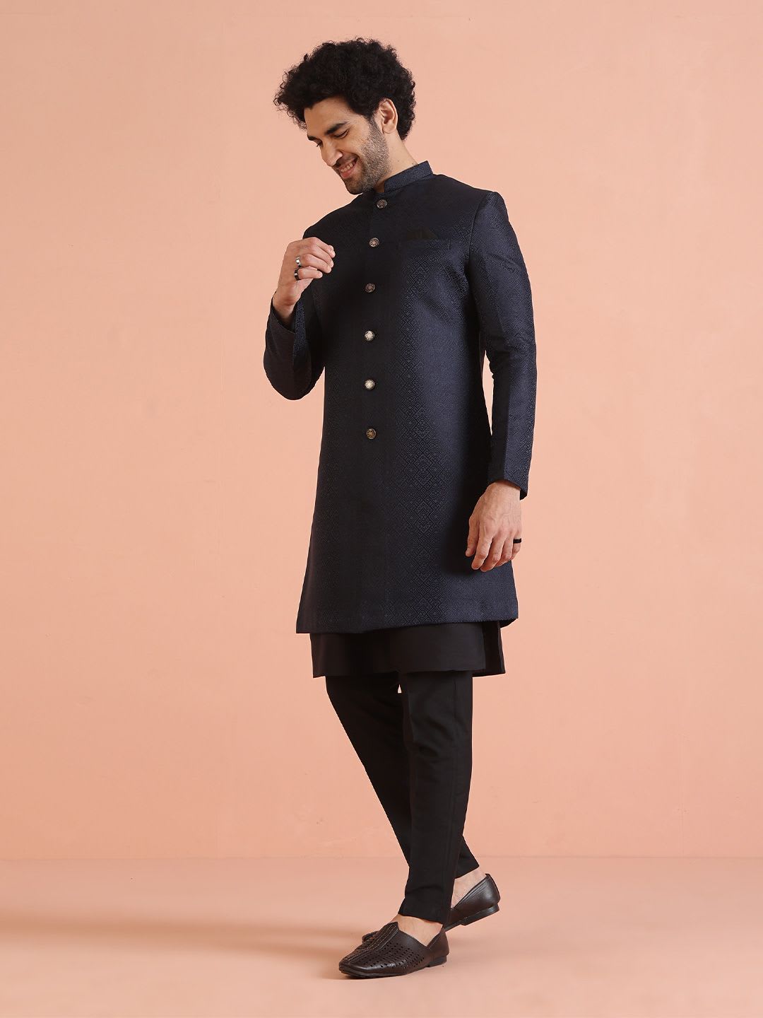 KISAH Men Navy Blue Self-Design Cotton Indowestern Sherwani Set - left view