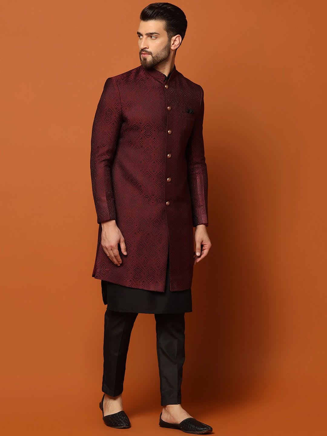 KISAH Purple Self-Design Cotton Sherwani Set - left view