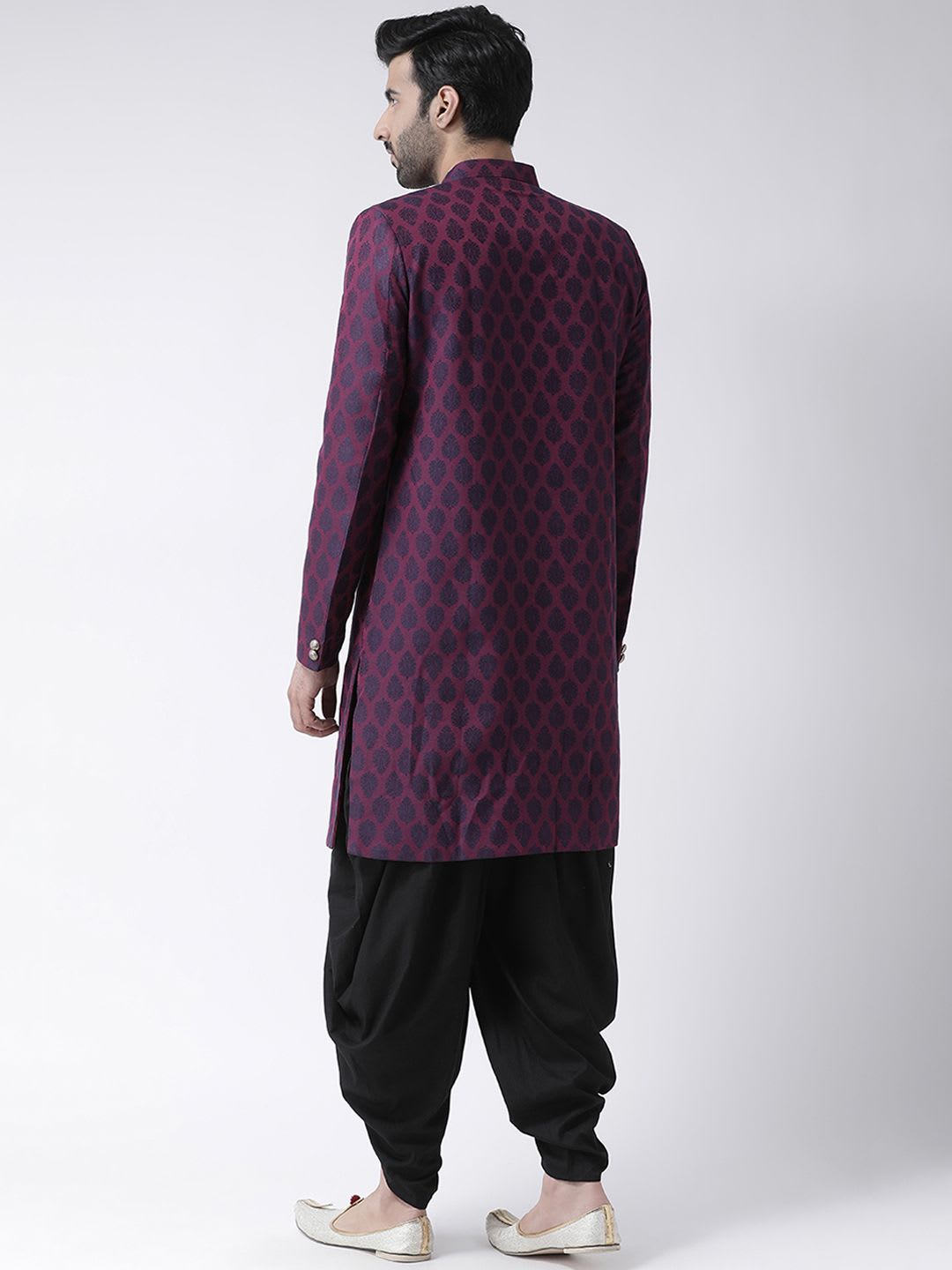 KISAH Men Purple & Black Self-Design Silk Indowestern Sherwani with Dhoti Pants - left view