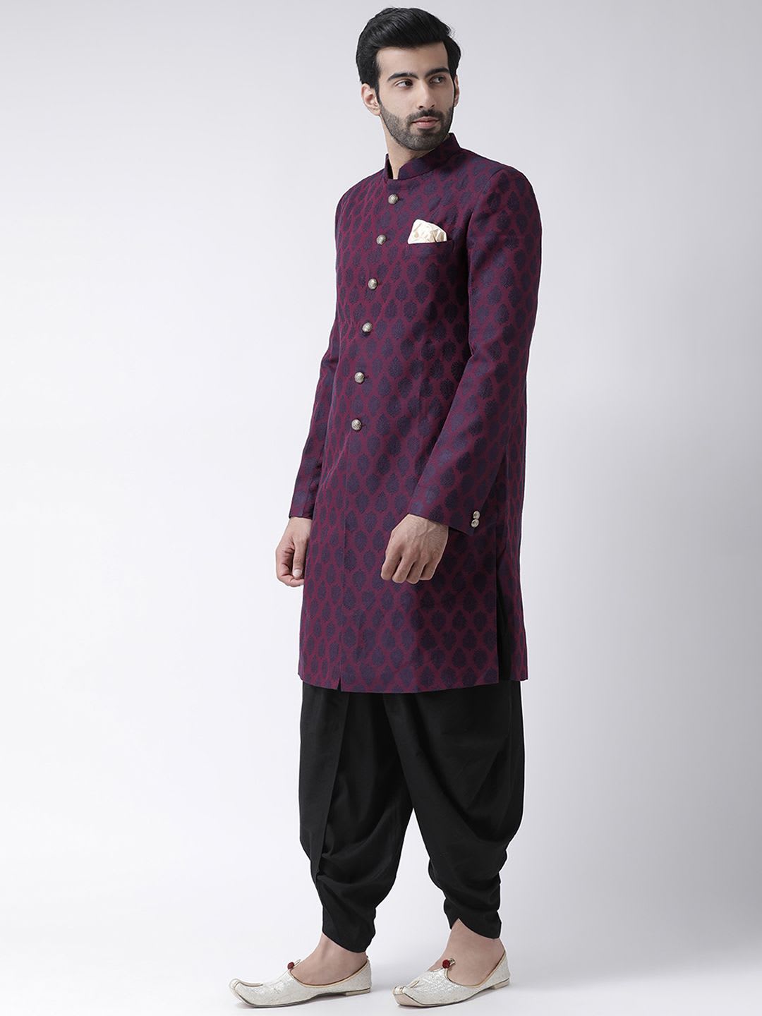 KISAH Men Purple & Black Self-Design Silk Indowestern Sherwani with Dhoti Pants - right view