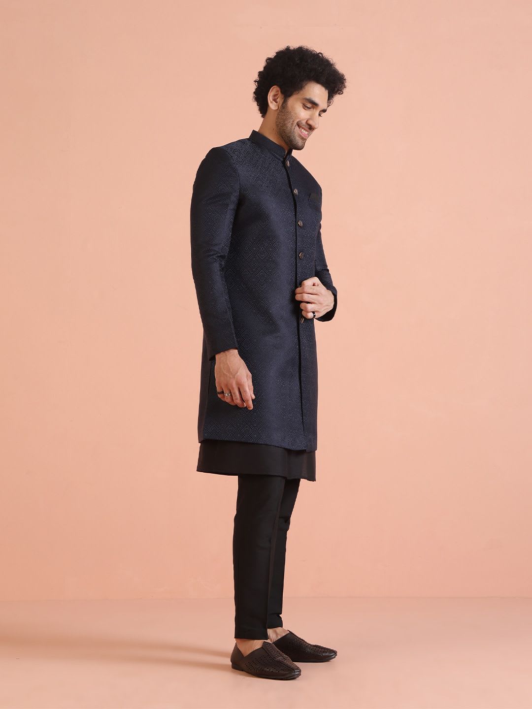 KISAH Men Navy Blue Self-Design Cotton Indowestern Sherwani Set - right view