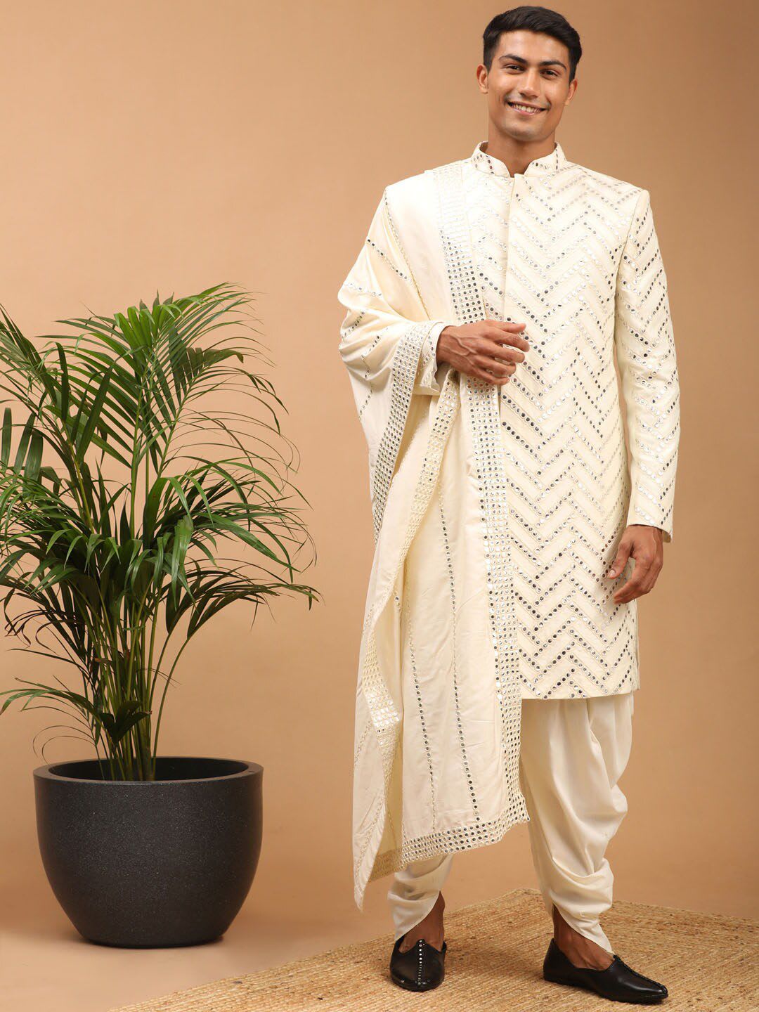 VASTRAMAY Men Cream Mirror Worked Sherwani Set With Embellished Dupatta - default view