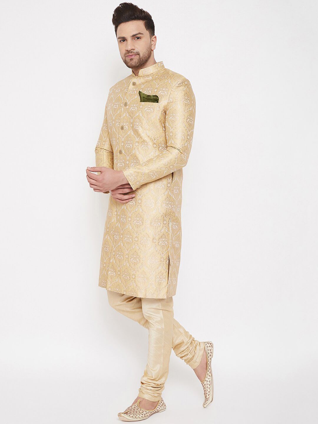 VASTRAMAY Men Gold-Coloured & White Brocade Slim-Fit Sherwani Set - right view