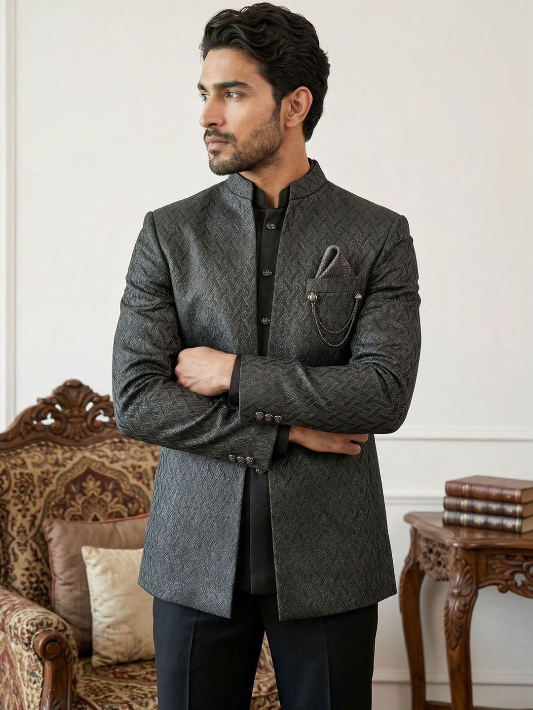 Jompers Textured Mandarin Collar Sherwani - default view