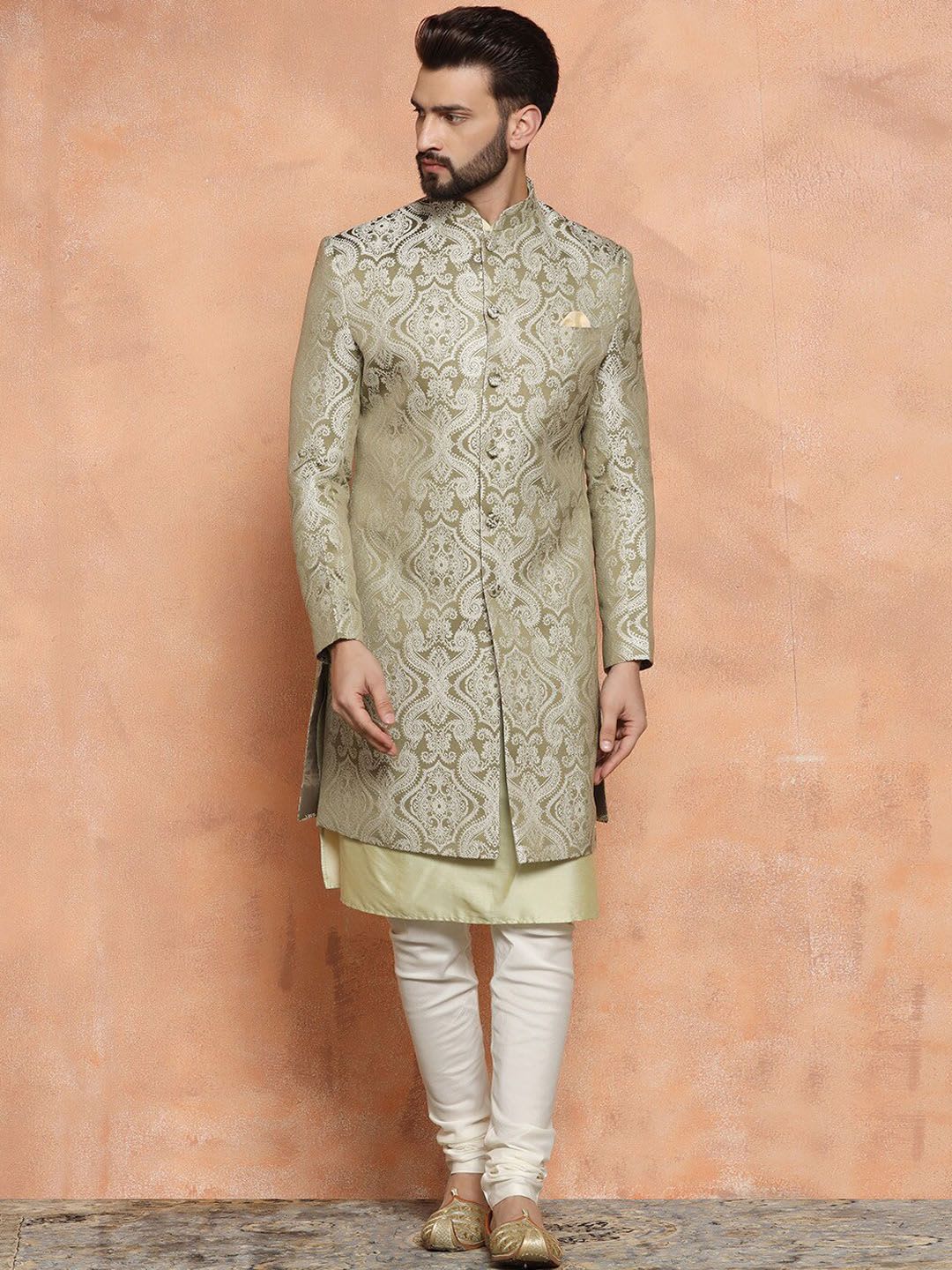 KISAH Men Olive Ethnic Motifs Woven Design Mandarin Collar Indowestern Sherwani Set - default view