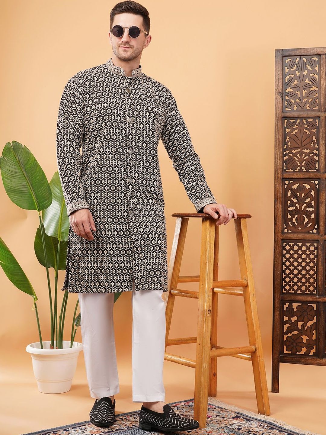 ADHIRAJAN Embroidered Mandarin Collar Sherwani - left view