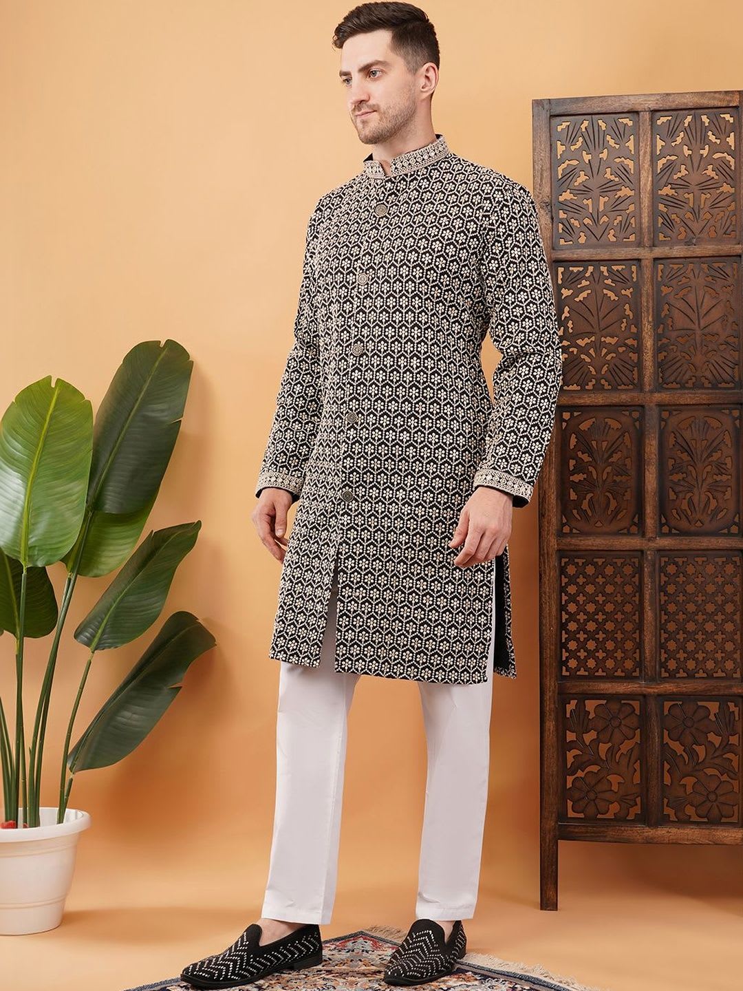 ADHIRAJAN Embroidered Mandarin Collar Sherwani - right view