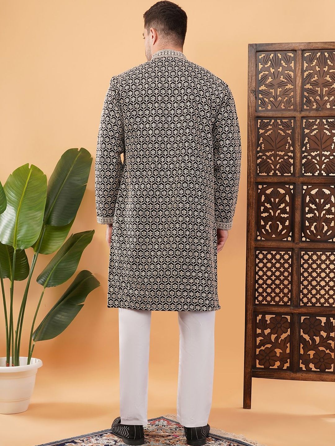 ADHIRAJAN Embroidered Mandarin Collar Sherwani - back view