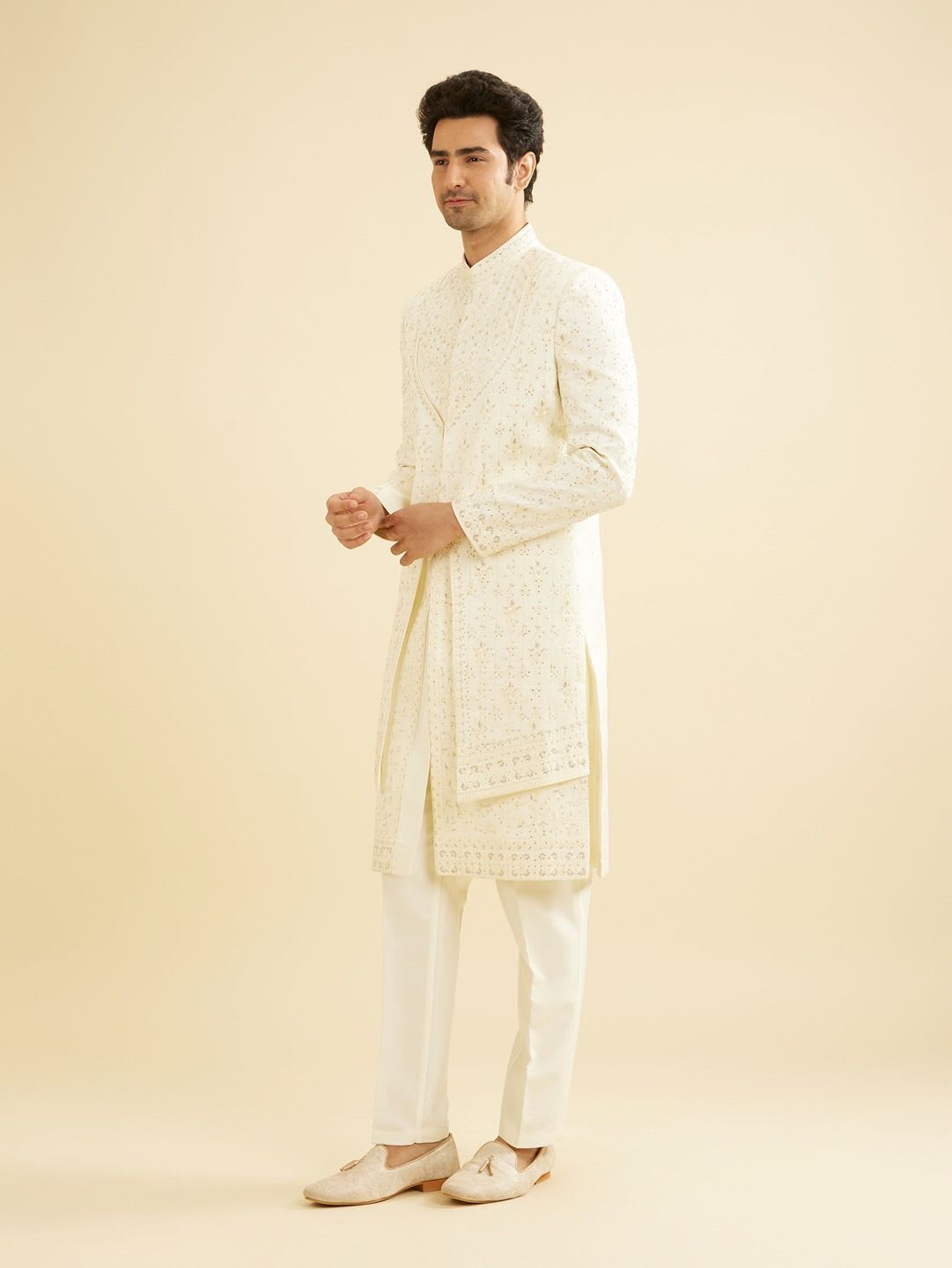 Manyavar Men Embroidered Mandarin Collar Sherwani Set - back view