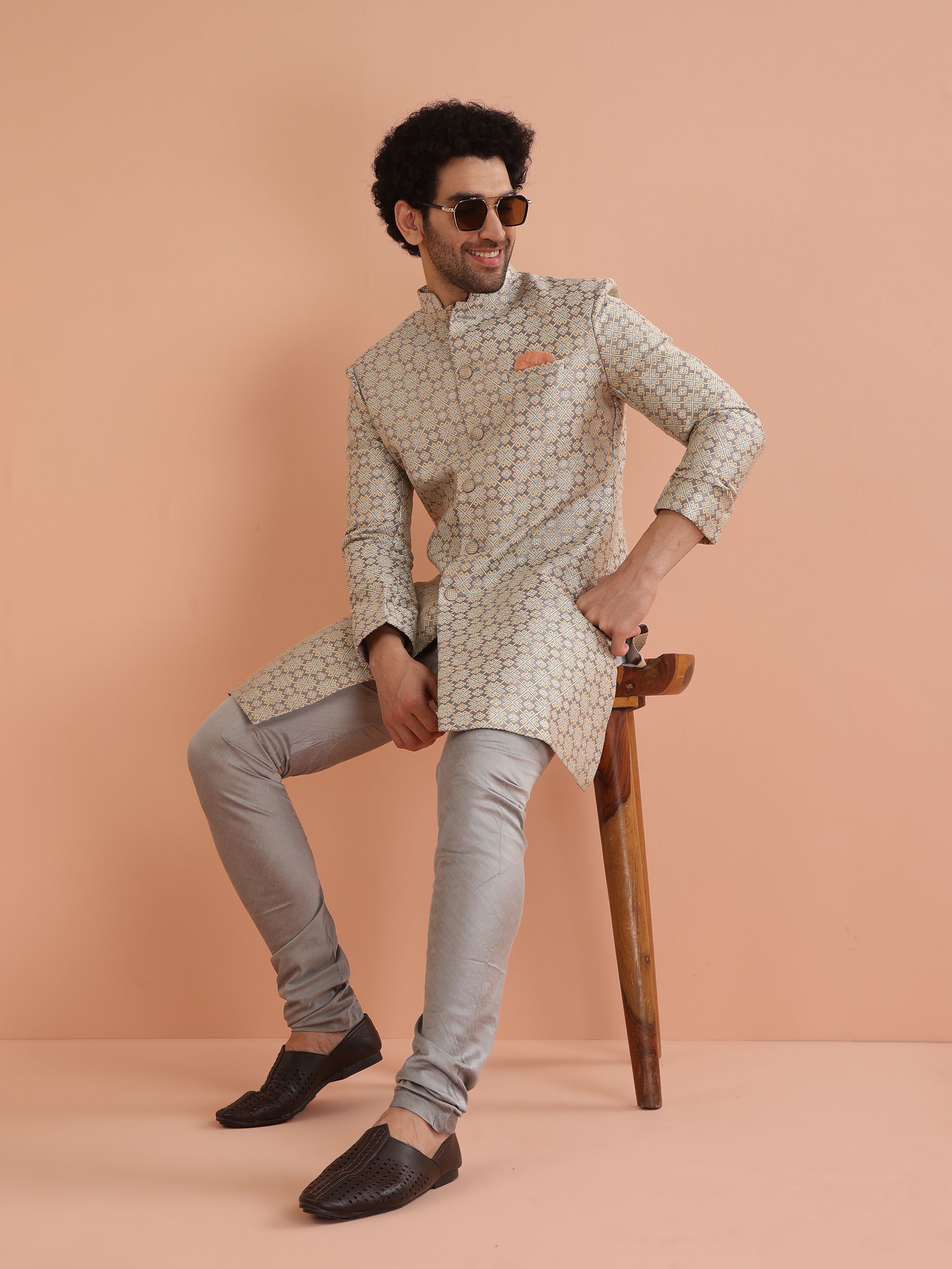 KISAH Grey Geometric Self Design Indowestern Churidar Set Sherwani - default view