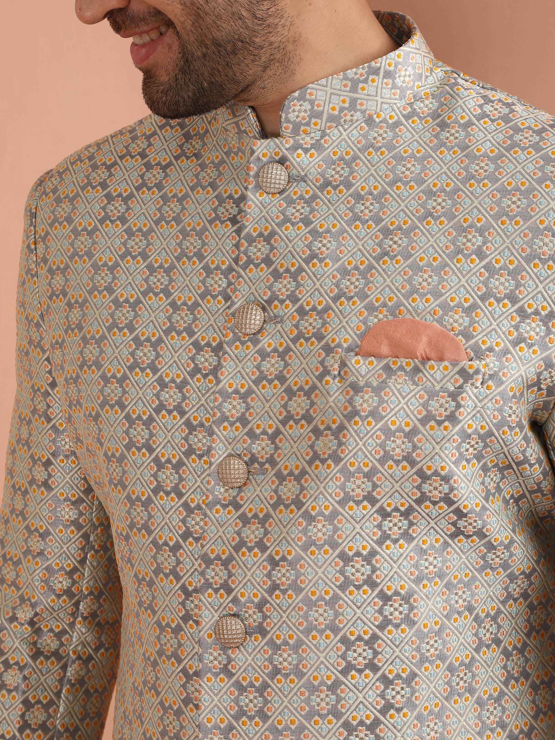 KISAH Grey Geometric Self Design Indowestern Churidar Set Sherwani - back view