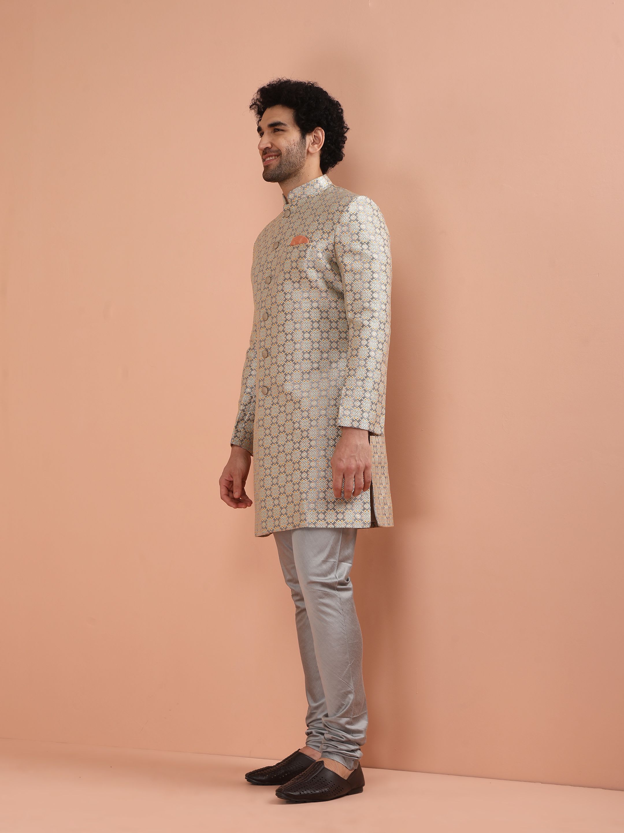 KISAH Grey Geometric Self Design Indowestern Churidar Set Sherwani - right view