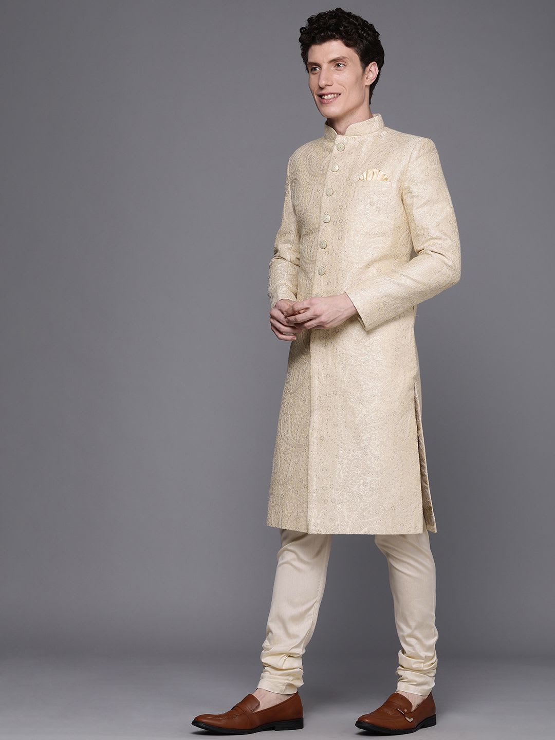Manyavar Men Beige Woven Design Sherwani & Churidar - right view