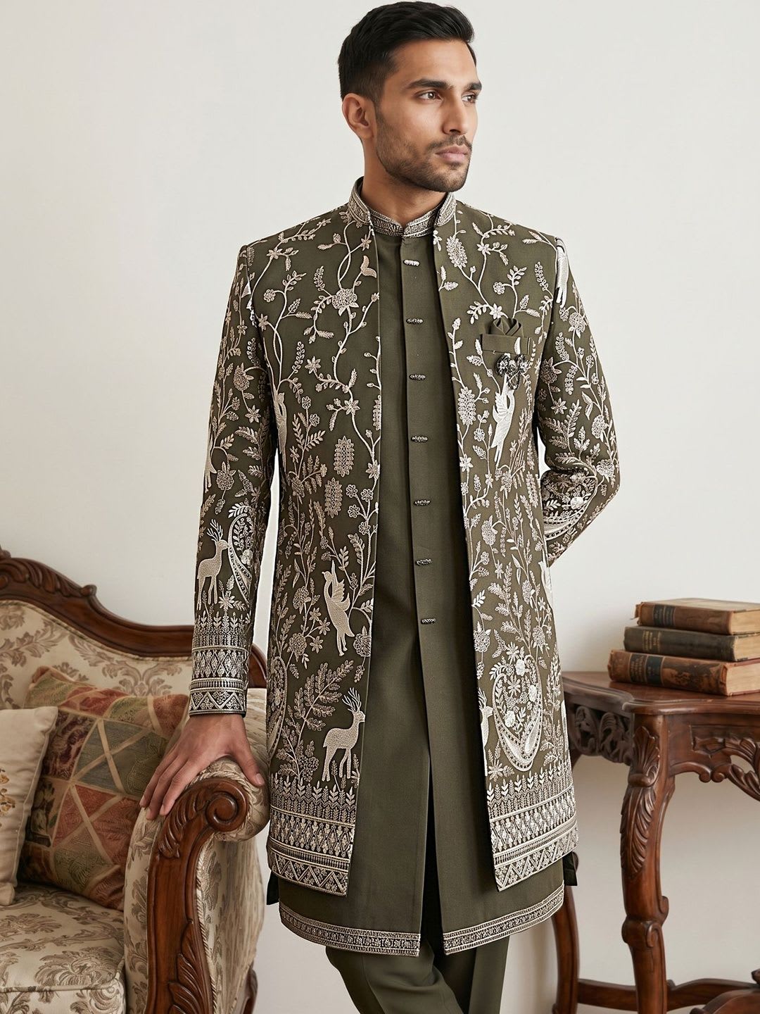 Jompers Embroidered Mandarin Collar Sherwani Set - default view