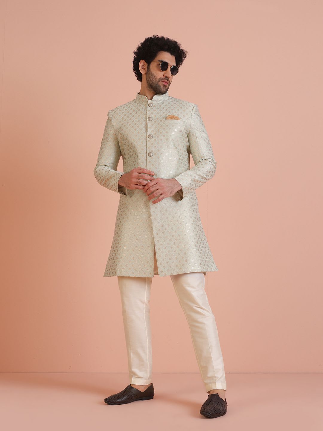 KISAH Men Blue Ethnic Motifs Woven Design Mandarin Collar Indowestern Sherwani Set - default view