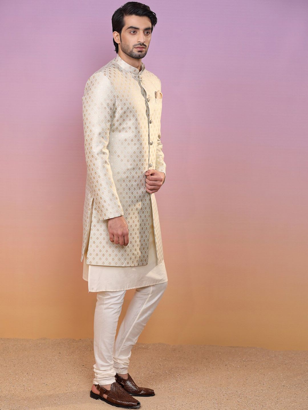 KISAH Men Blue Ethnic Motifs Woven Design Mandarin Collar Indowestern Sherwani Set - right view