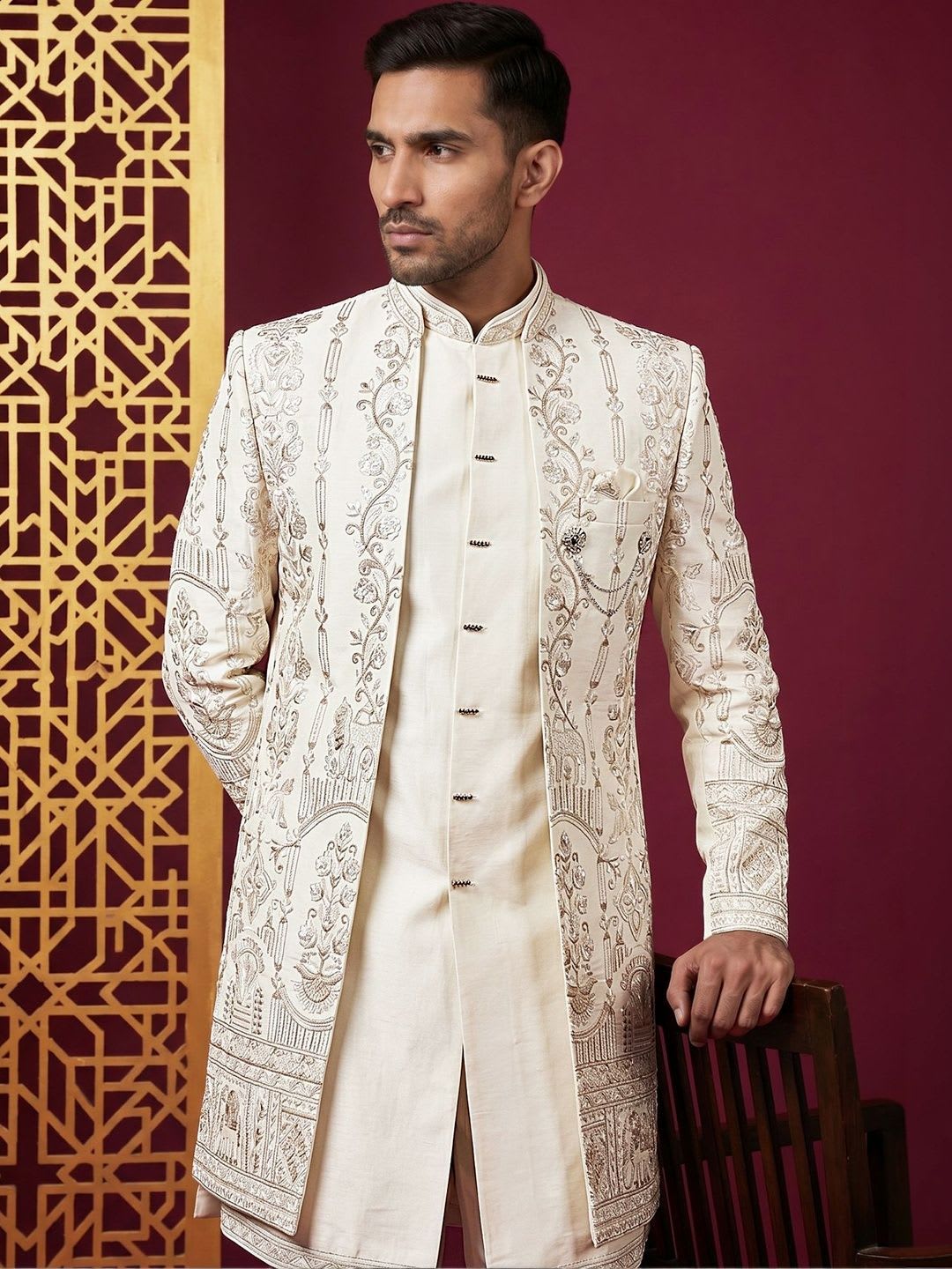 Jompers Embroidered Mandarin Collar Sherwani Set - default view