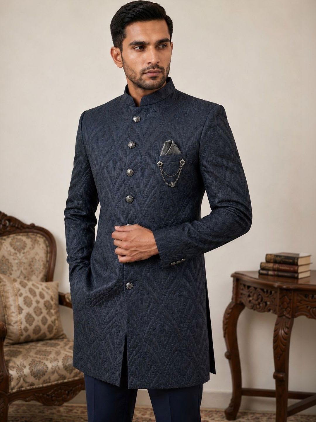Jompers Embroidered Mandarin Collar Sherwani - default view