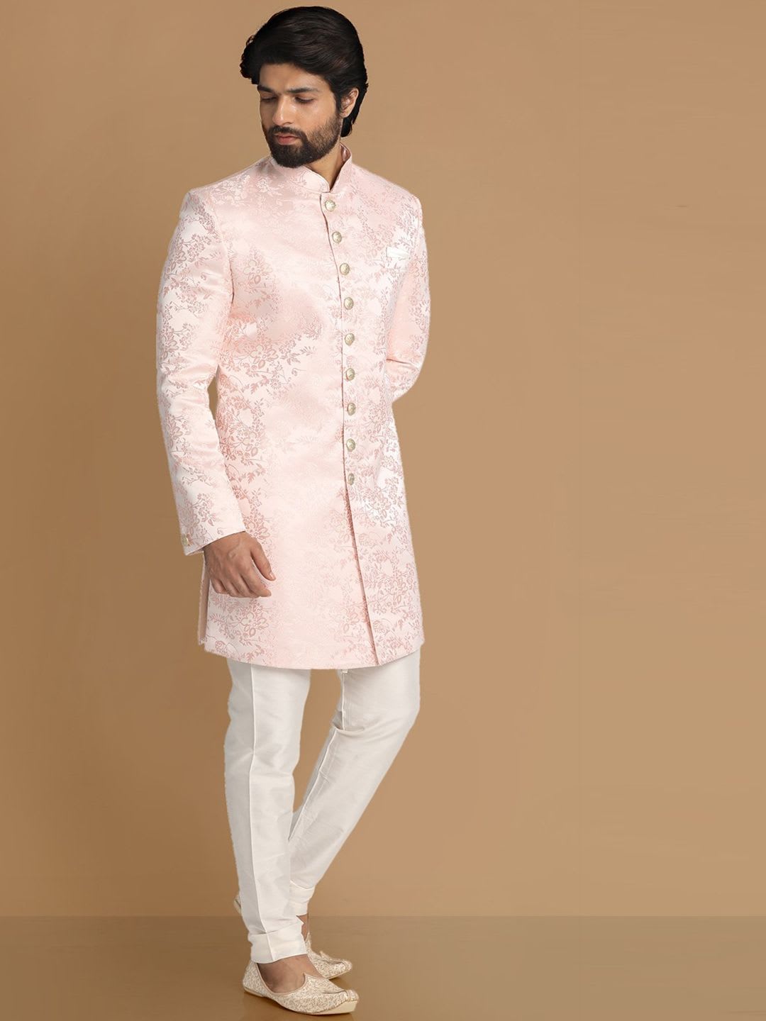 Manyavar Self-Design Mandarin Collar Sherwani Set - back view