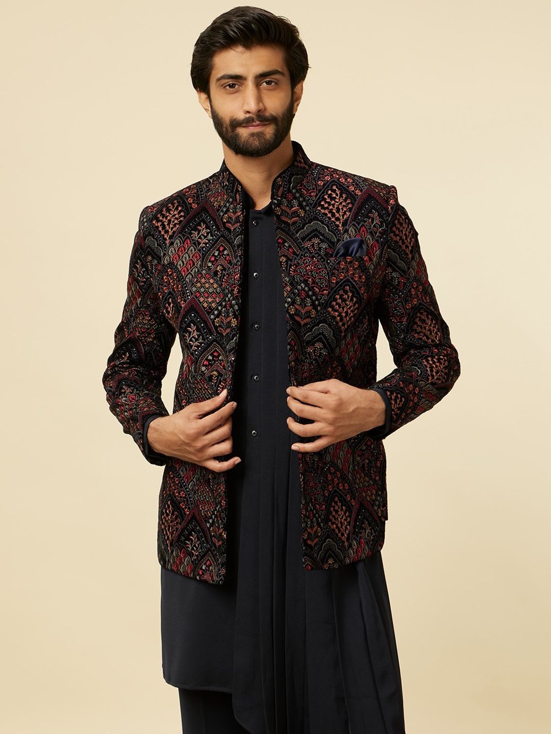 Manyavar Self-Design Mandarin Collar Sherwani Set - default view