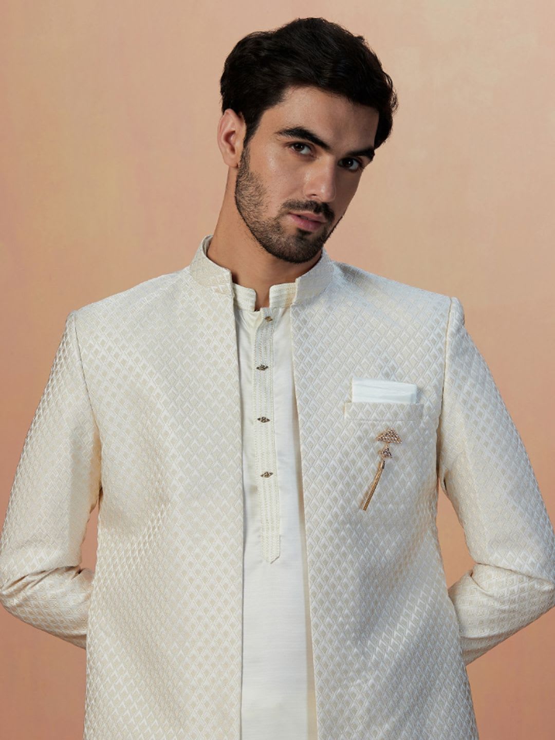 Manyavar Woven Design Brocade Satin Traditional Indo Western Sherwani Set - default view