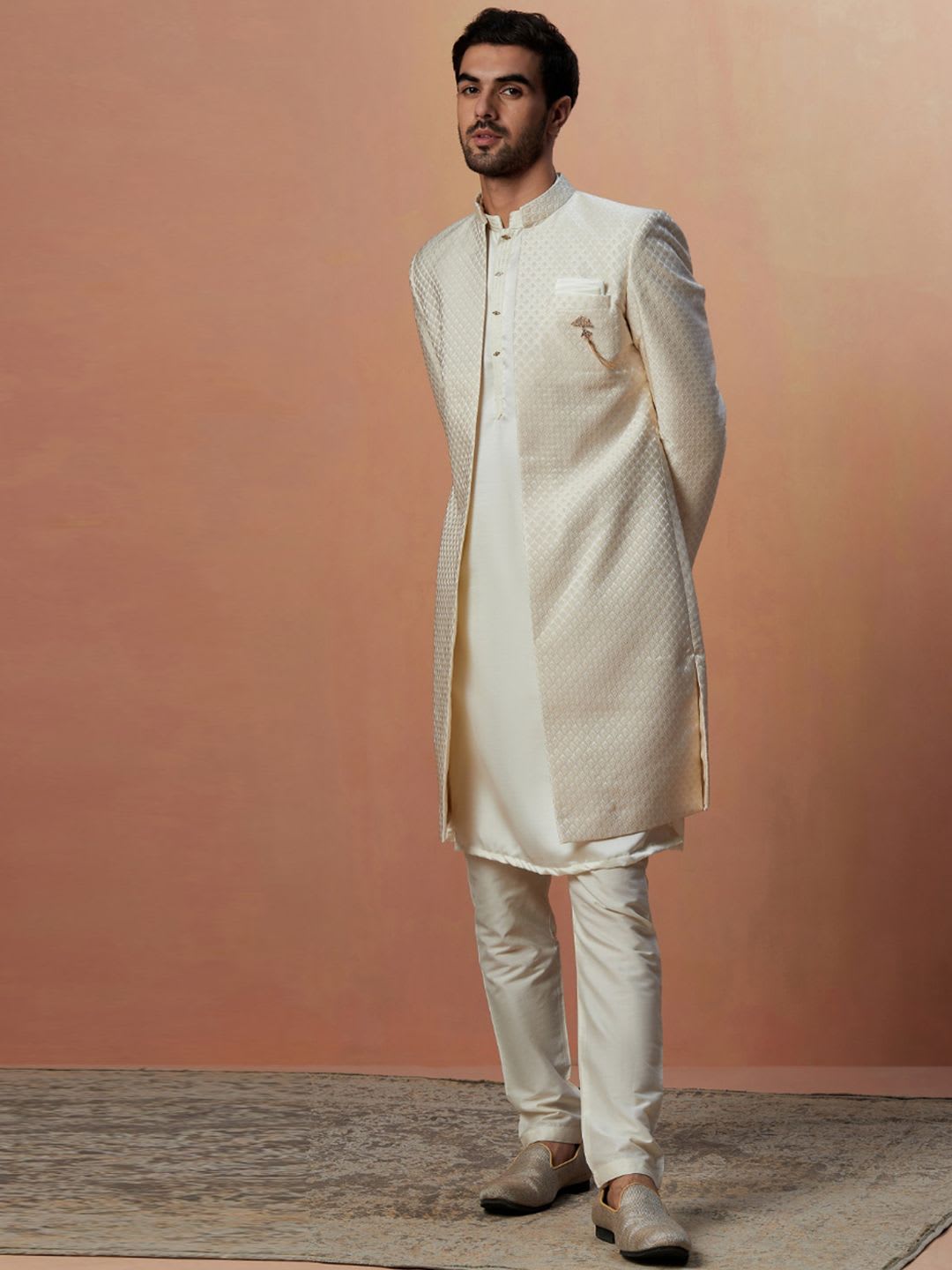 Manyavar Woven Design Brocade Satin Traditional Indo Western Sherwani Set - back view