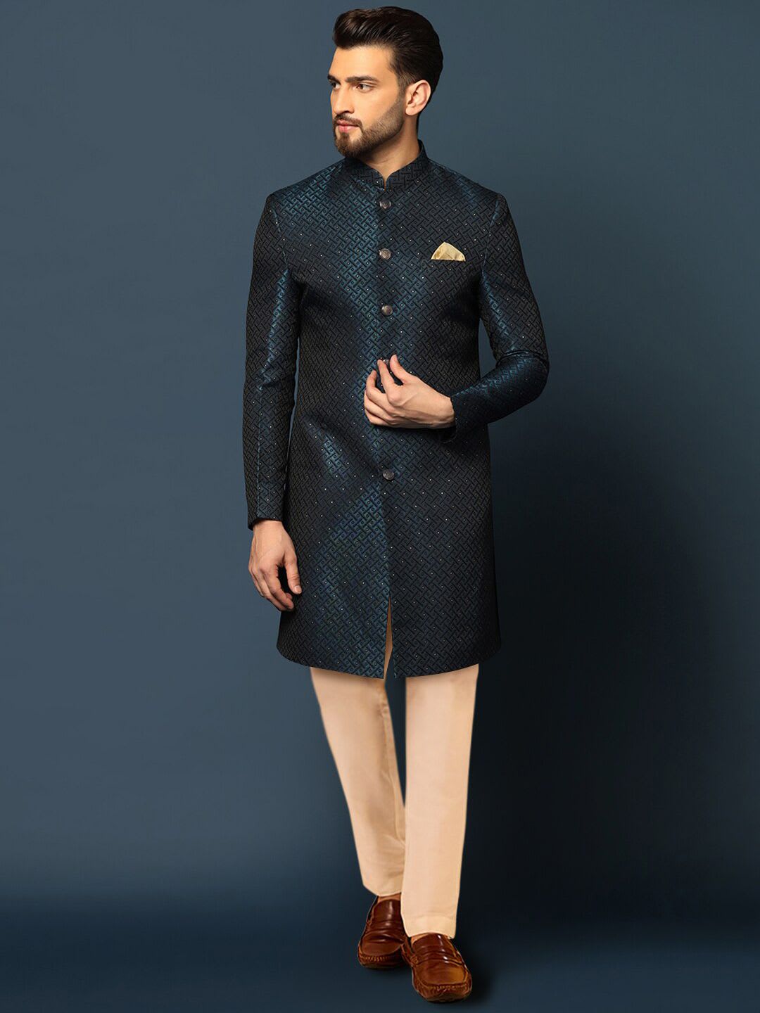 KISAH Men Maroon Embroidered Mandarin Collar Cotton Indowestern Sherwani Set - default view