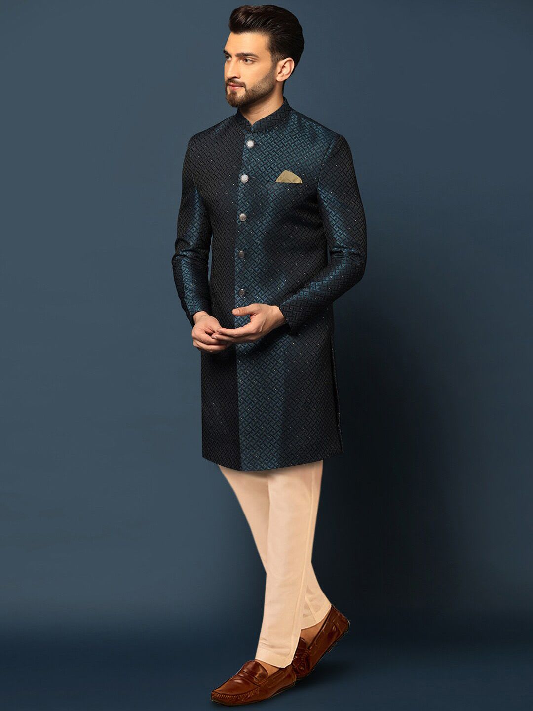 KISAH Men Maroon Embroidered Mandarin Collar Cotton Indowestern Sherwani Set - left view