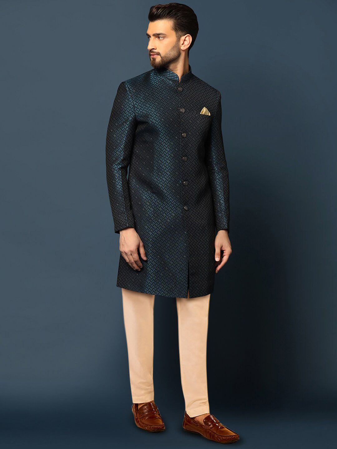 KISAH Men Maroon Embroidered Mandarin Collar Cotton Indowestern Sherwani Set - right view