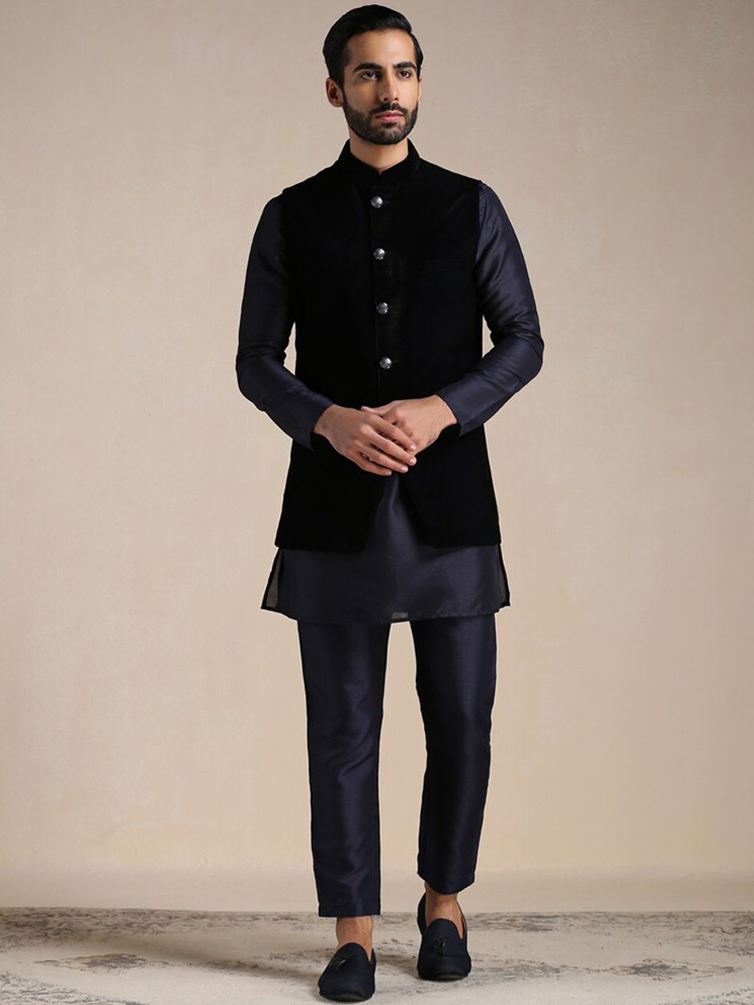 Manyavar Embellished Velvet Indo Western Sherwani Set - default view