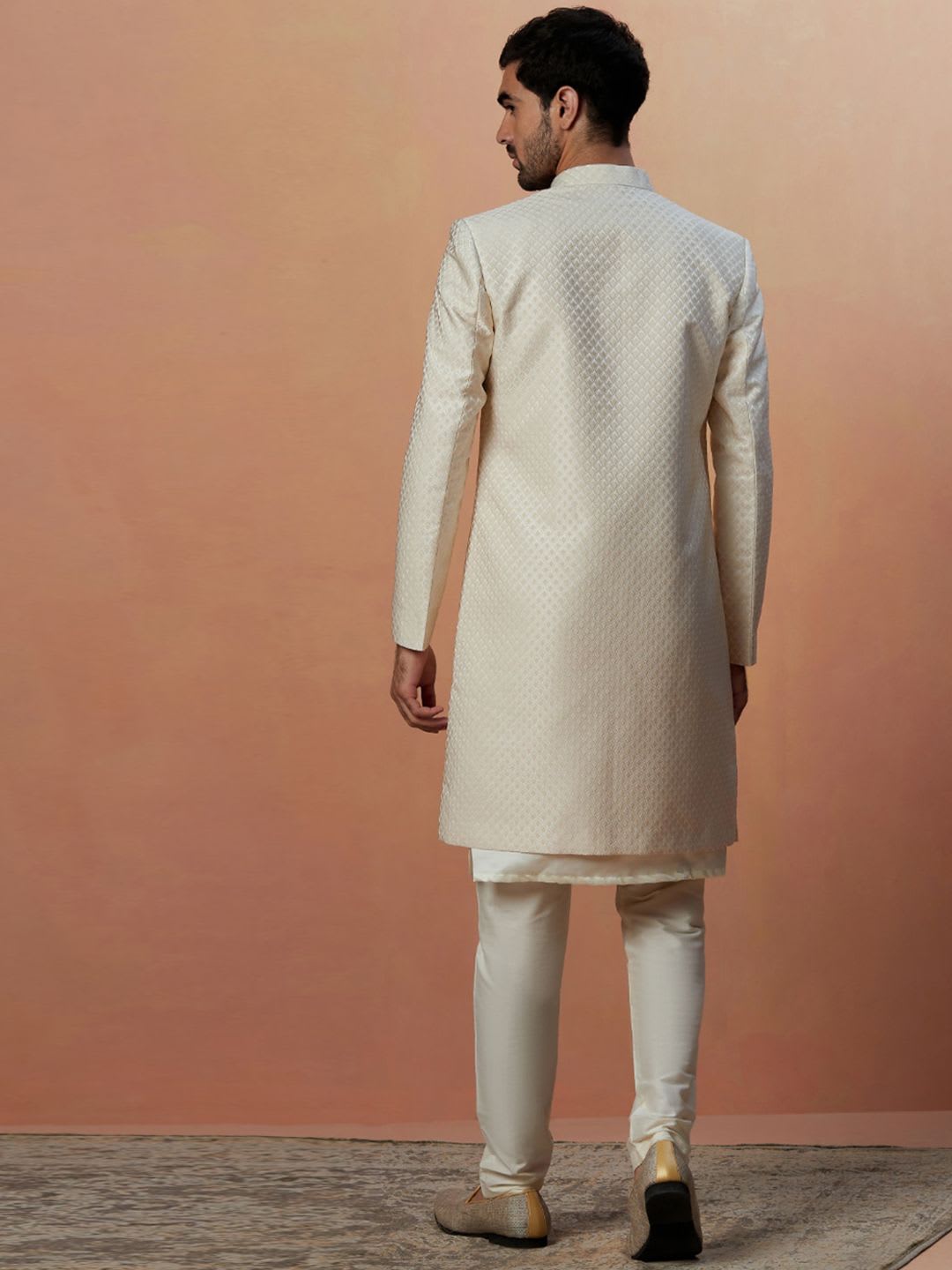 Manyavar Woven Design Brocade Satin Traditional Indo Western Sherwani Set - right view