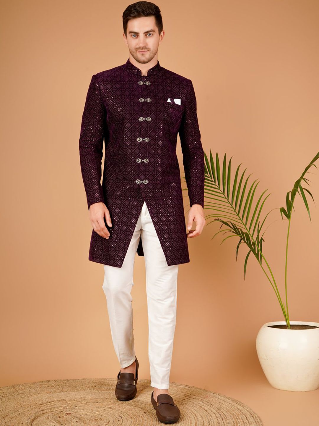 Dulha Ghar Men Embroidered Mandarin Collar Sherwani Set - default view