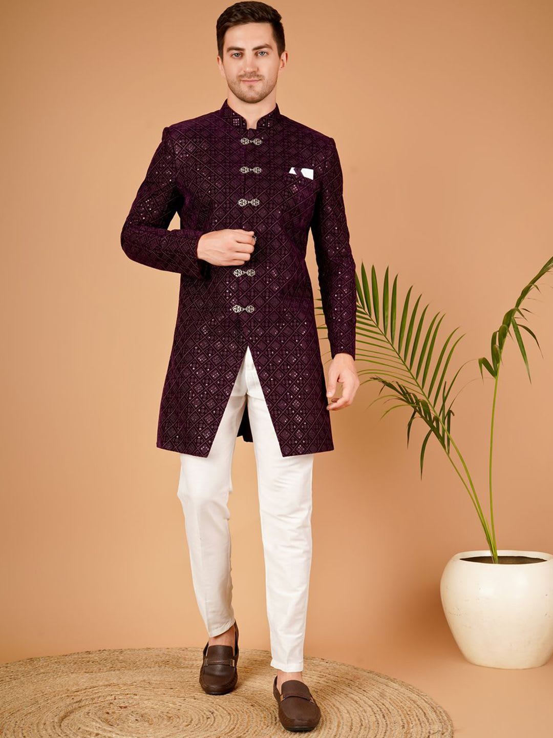 Dulha Ghar Men Embroidered Mandarin Collar Sherwani Set - right view