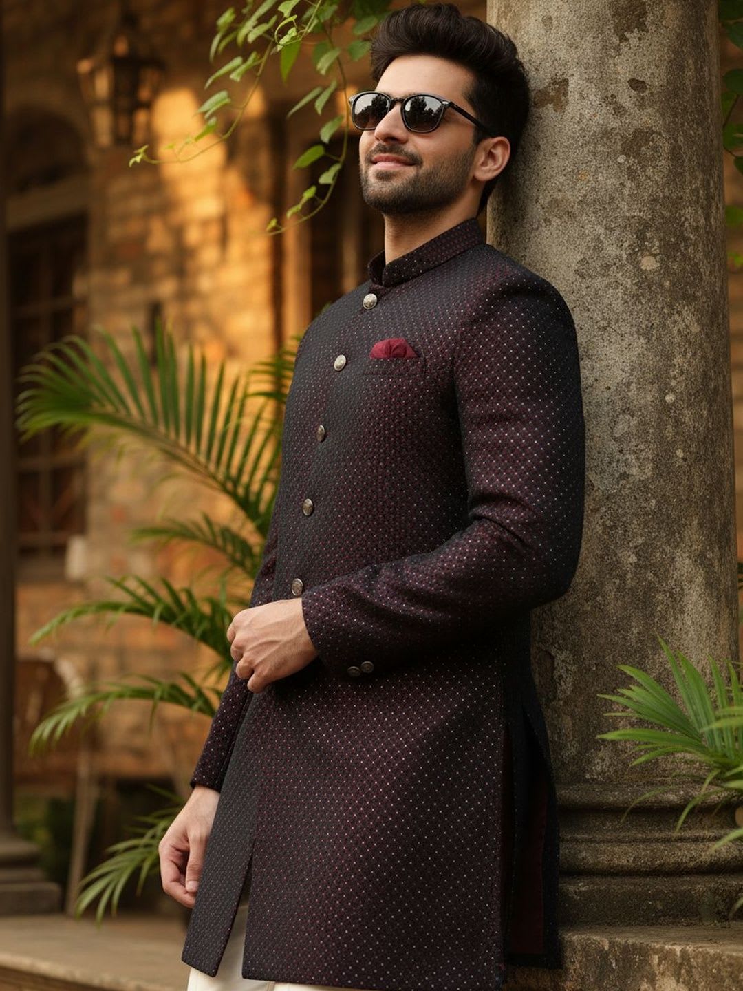 KISAH Men Maroon Self Design Indowestern Sherwani & Trouser Set - default view