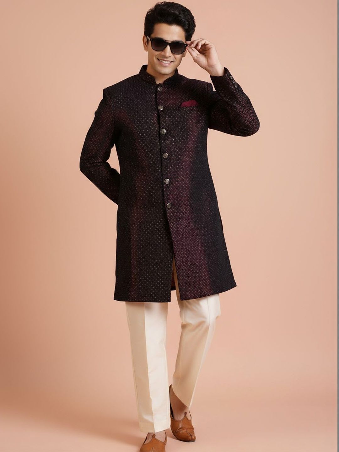 KISAH Men Maroon Self Design Indowestern Sherwani & Trouser Set - back view