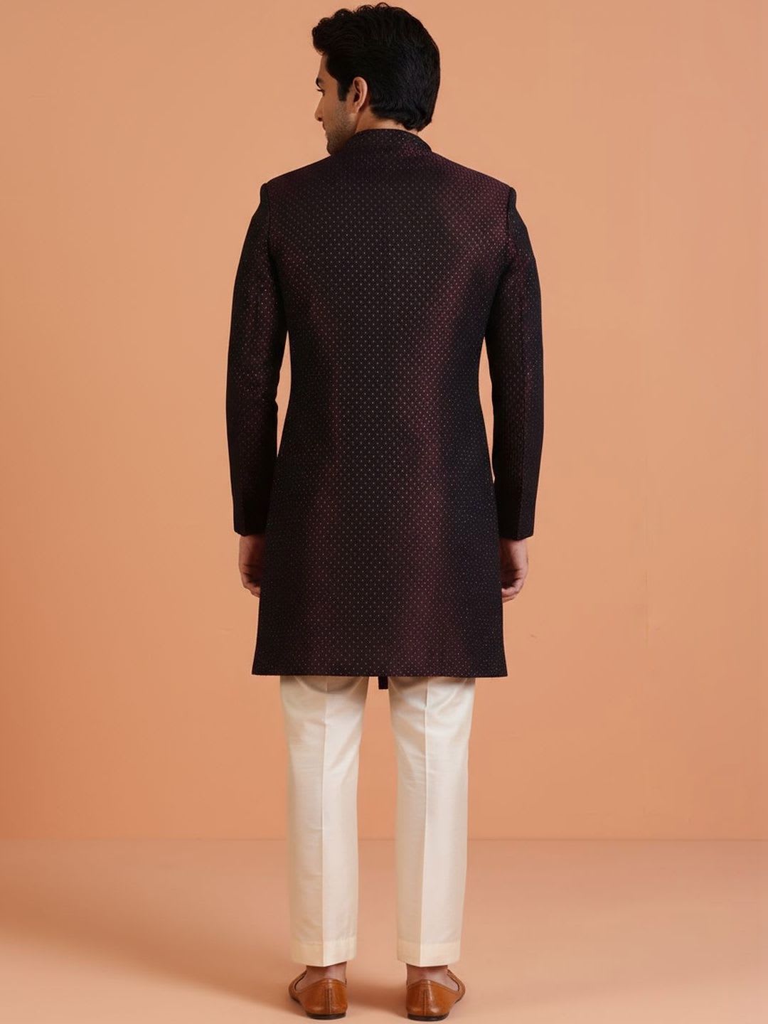 KISAH Men Maroon Self Design Indowestern Sherwani & Trouser Set - right view