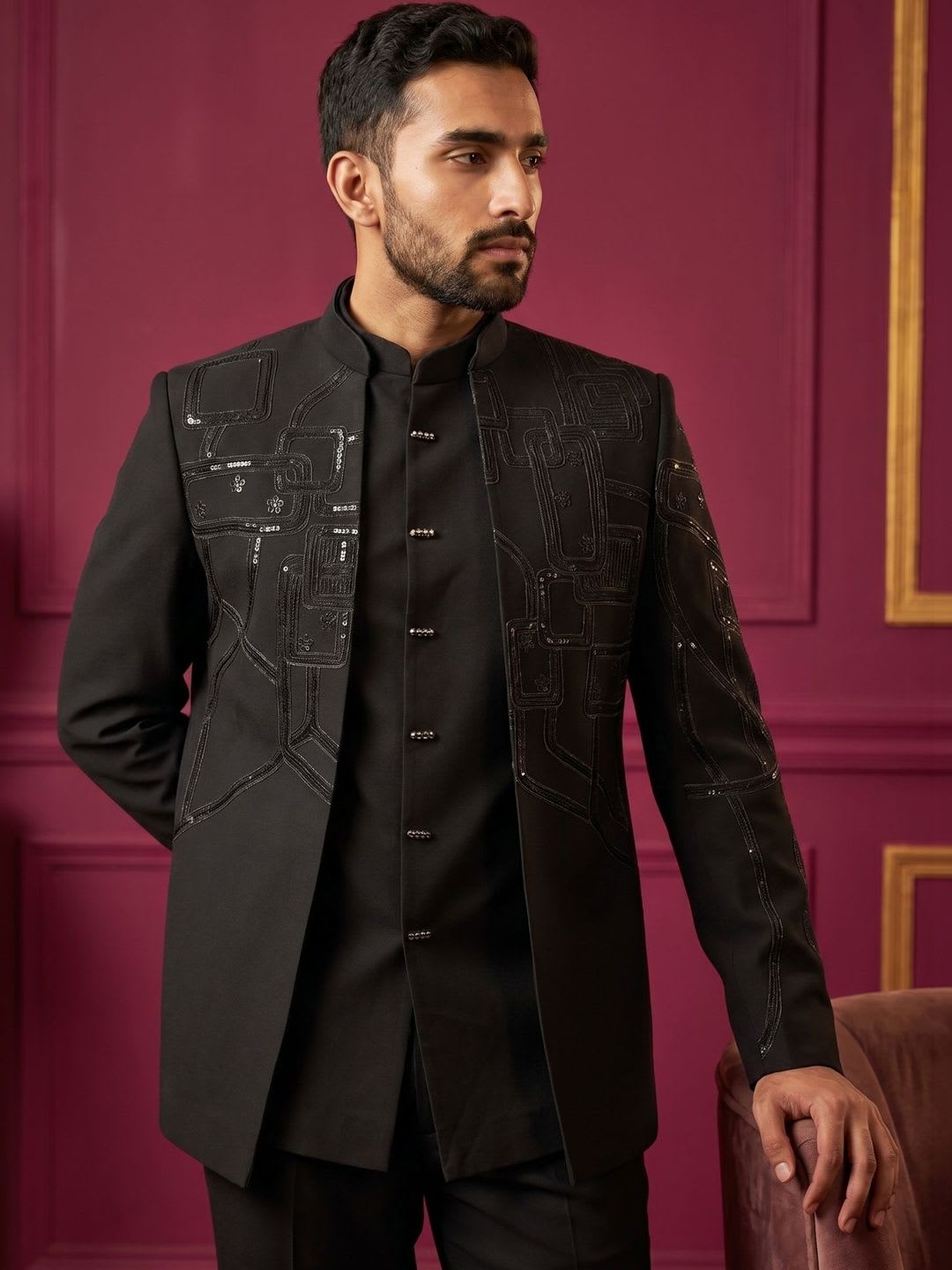 Jompers Embroidered Mandarin Collar Sherwani Set - default view