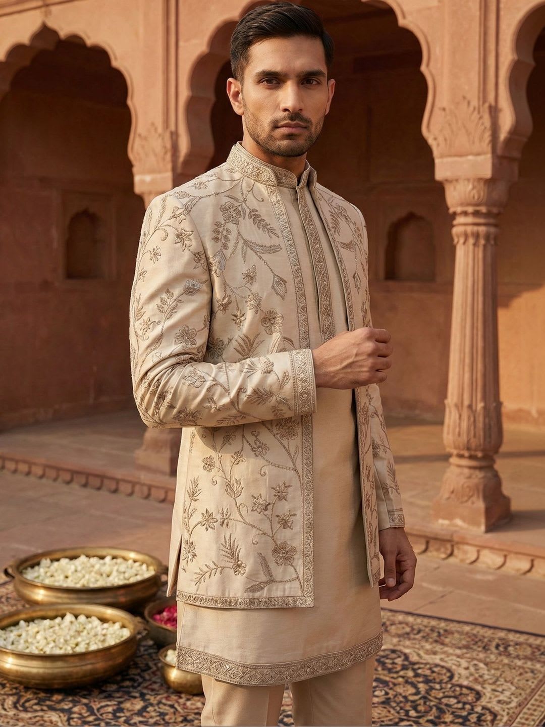 Jompers Embroidered Mandarin Collared Sherwani Set - default view