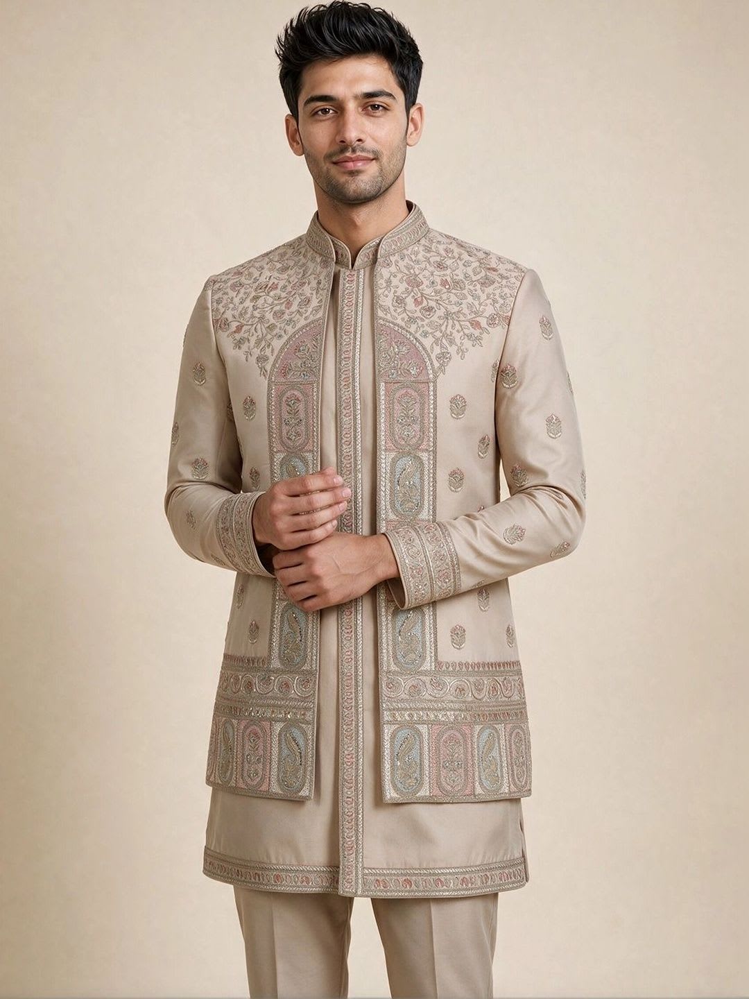 Manyavar Embroidered Mandarin Collar Sherwani - default view