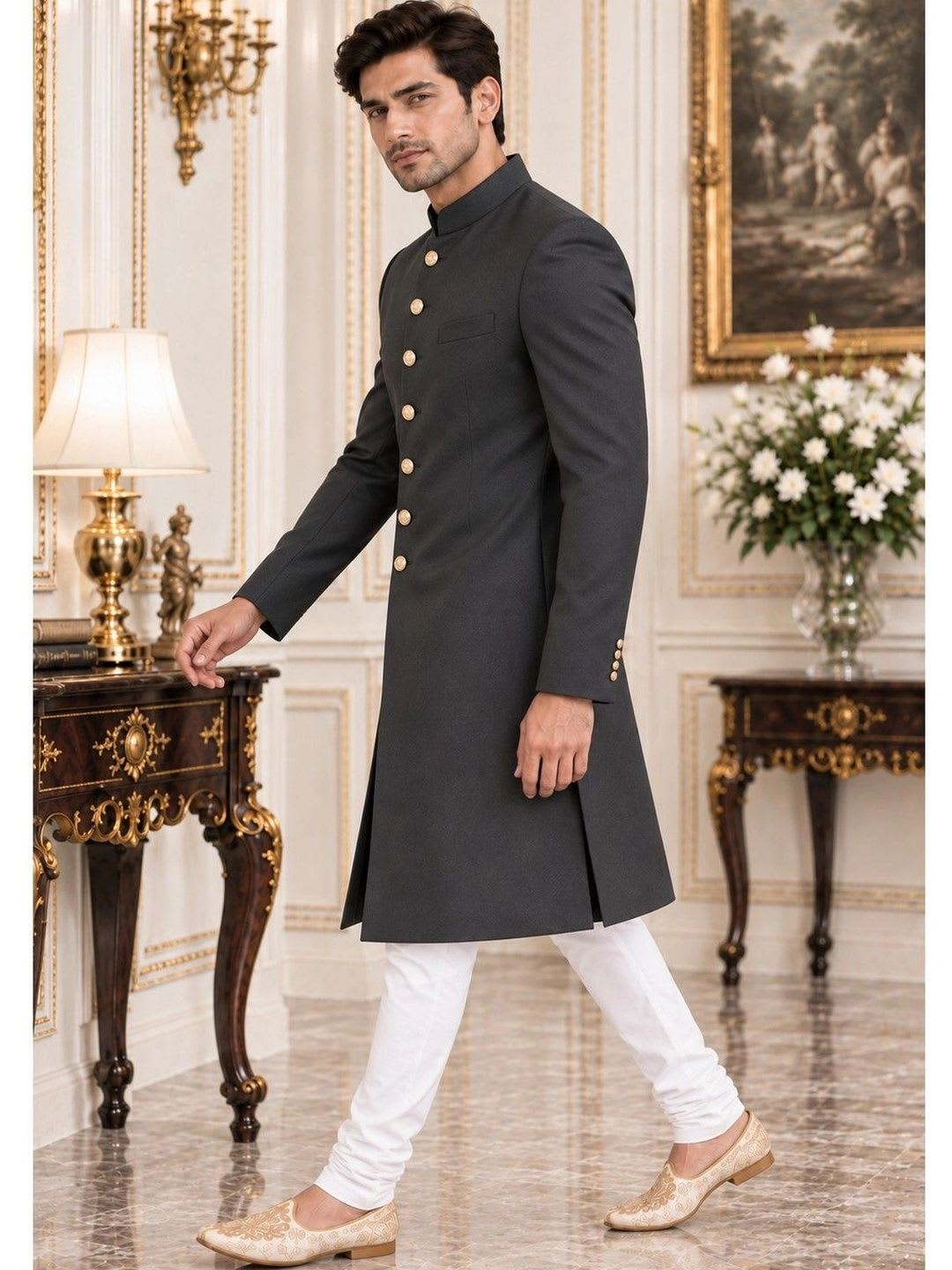 House of Pataudi Mandarin Collar Sherwani - left view