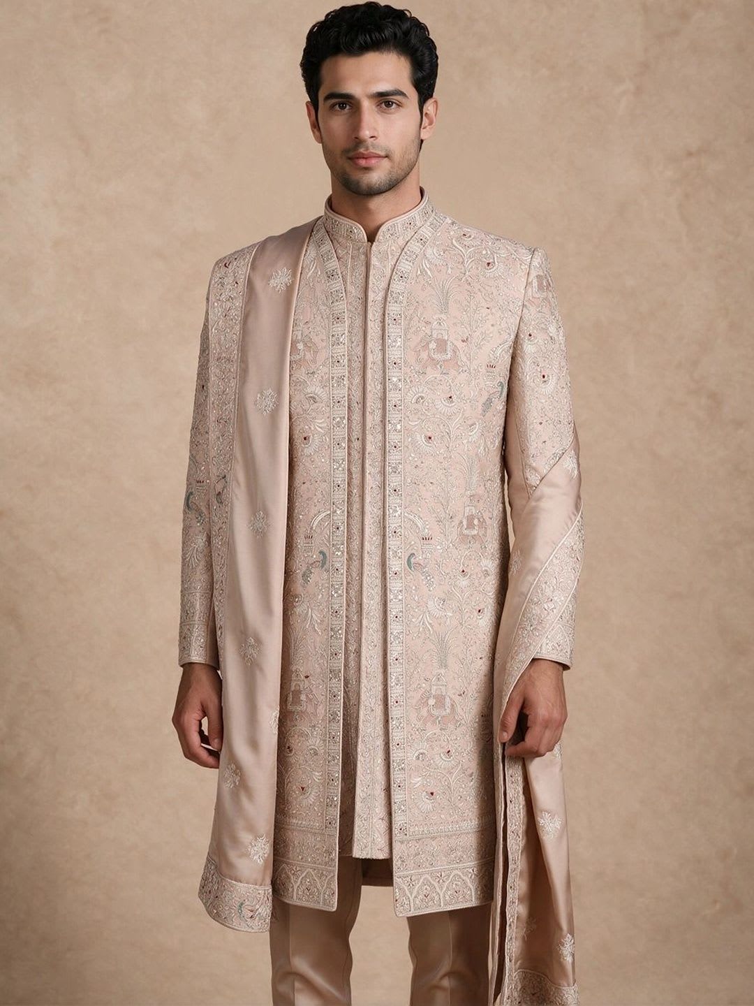Manyavar Embroidered Mandarin Collar Sherwani - default view