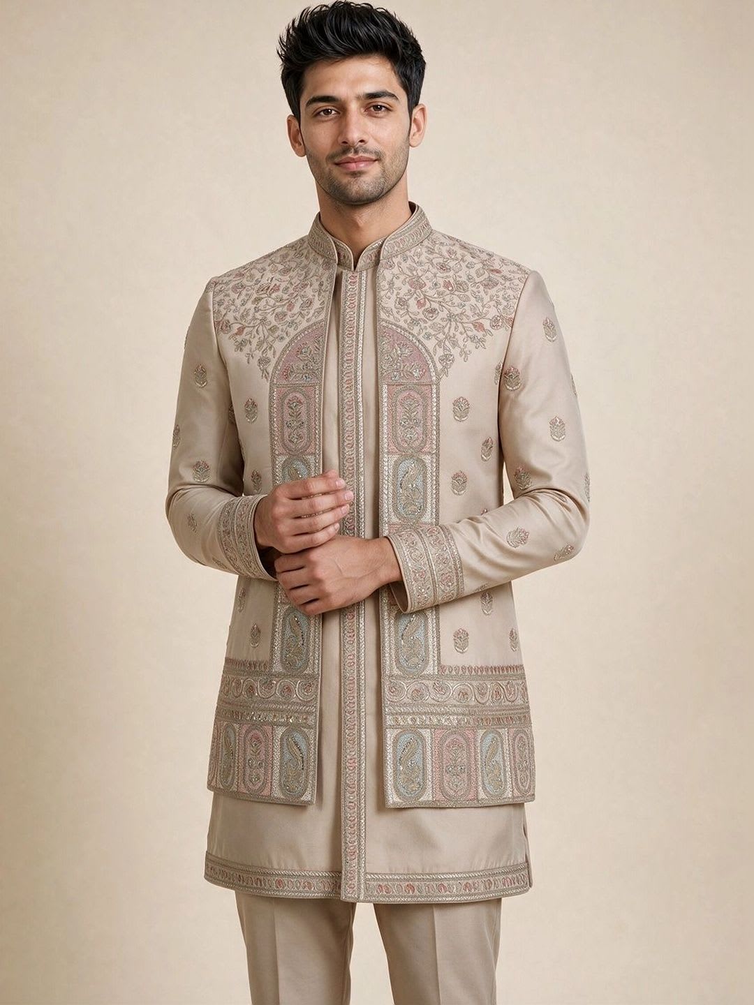Manyavar Embroidered Mandarin Collar Sherwani - default view