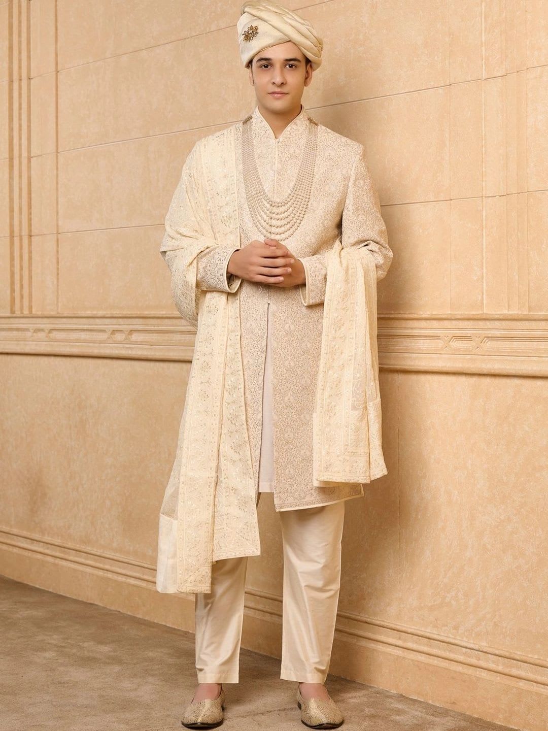 Tasva Gold Mandarin Collared Long Sleeves Sherwani - default view