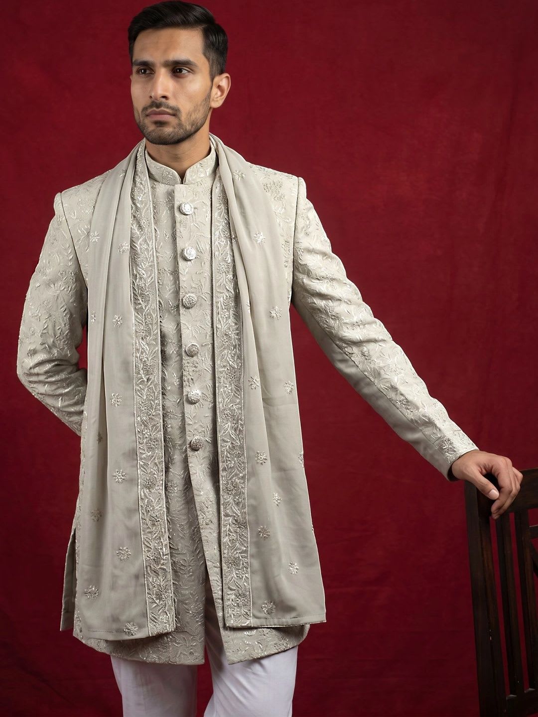 Jompers Embroidered Mandarin Collar Sherwani Set - default view