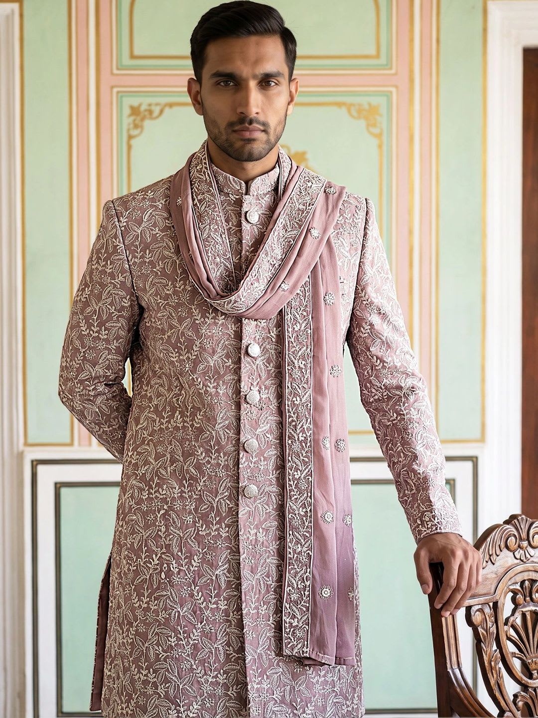 Jompers Embroidered Mandarin Collar Sherwani Set - default view
