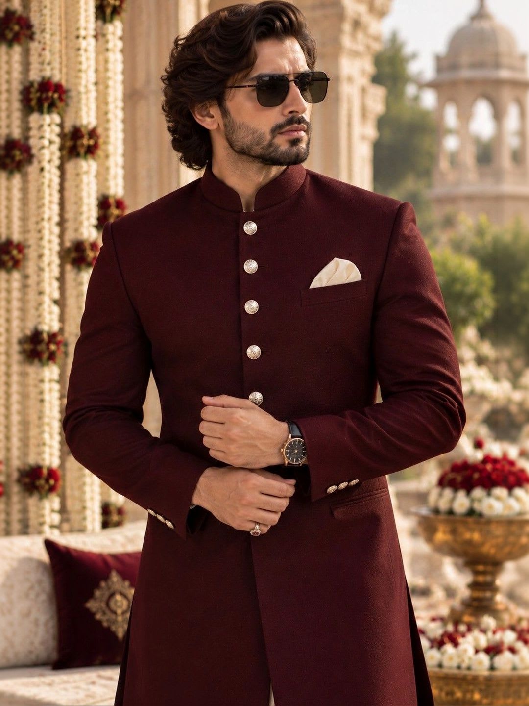 House of Pataudi Mandarin Collar Sherwani Set - default view