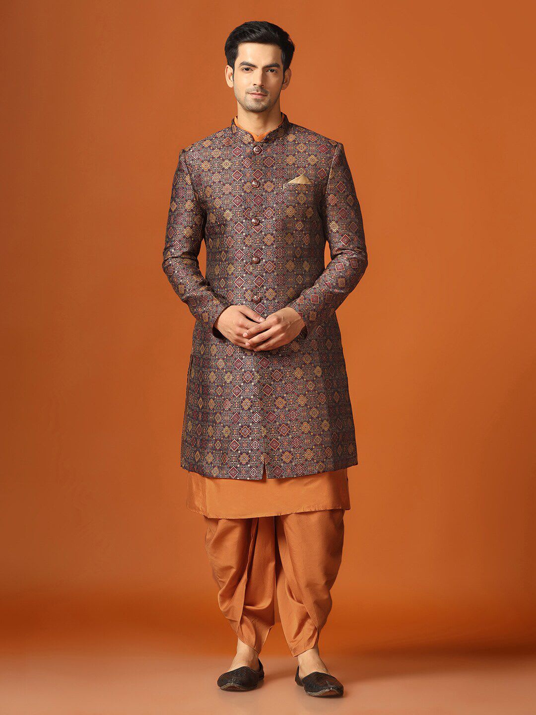 KISAH Men Maroon Ethnic Motifs Woven Design Mandarin Collar Indowestern Sherwani Set - default view