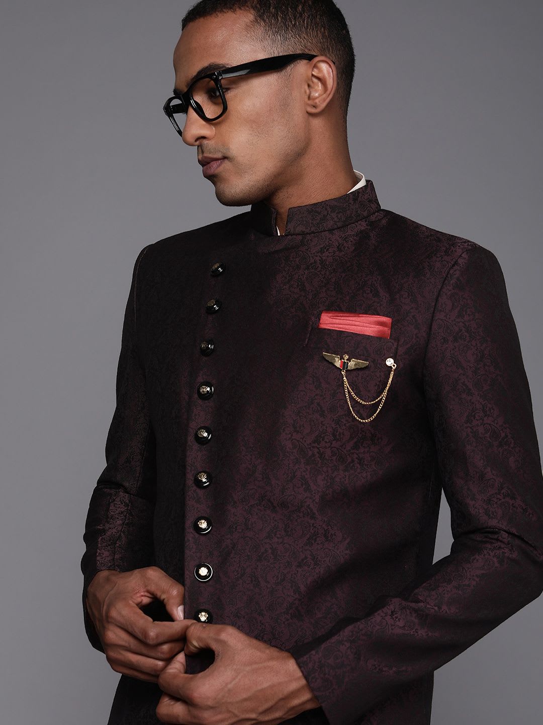 Manyavar Men Burgundy & Beige Ethnic Motif Printed Sherwani and Churidar Set - default view