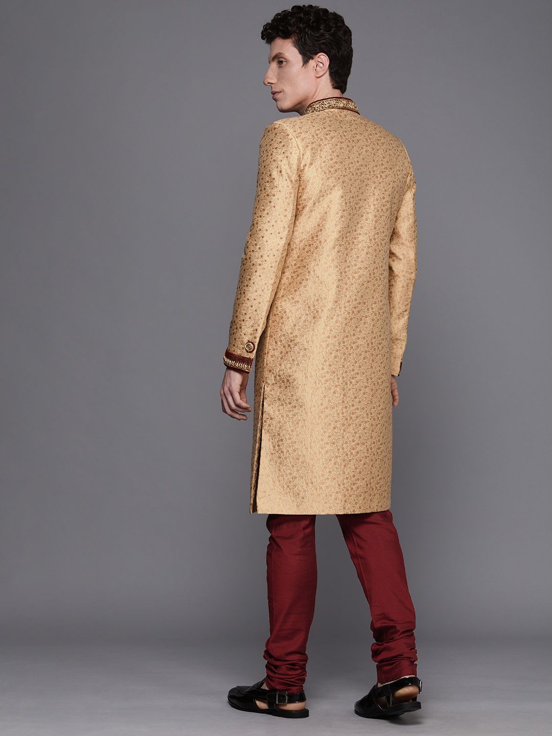 Manyavar Men Beige & Maroon Floral Printed Sherwani and Churidar Set - left view