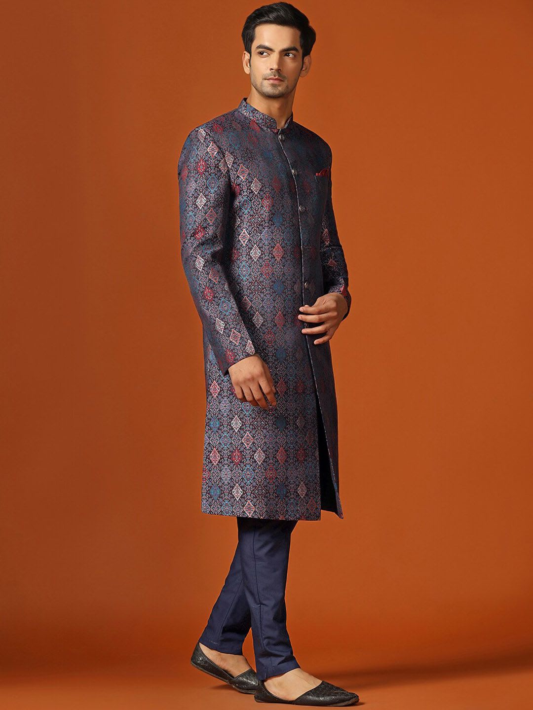 KISAH Men Woven Design Indowestern Sherwani Trouser Set - right view